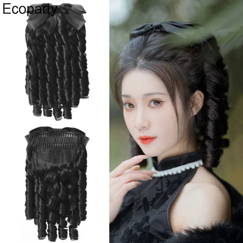 

New Women's Europen Palace Noble Princess Cosplay Retro Ponytail Wig With Comb Black Synthetic Midi Curly Hair Extension Wig