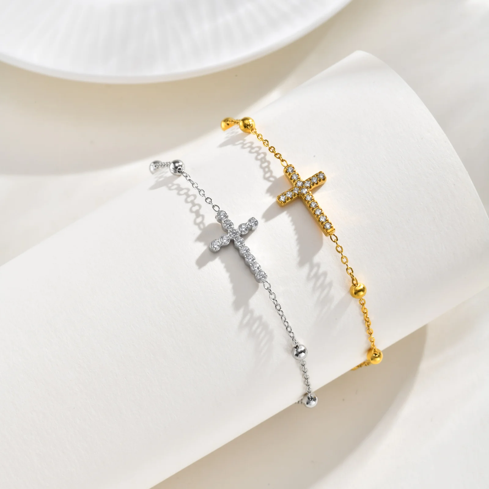 Sideway Cross Bracelet 18K Gold Plated Zirconia Bead Chain Stainless Steel Waterproof Religious Christian Baptism Jewelry
