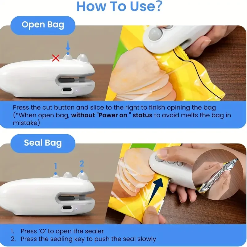 Перезаряжаемый мини-запаювач пищевых пакетов 2 в 1, машина для термосварки и резки, компактный пластиковый упаковщик для закусок для чипсов, гаек