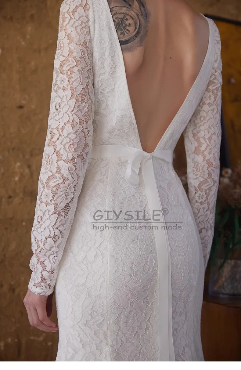 GIYSILE Gaun Pengantin Renda Retro Putih Kustom Gaun Putri Duyung Tali Pinggang Tipis Lengan Panjang Punggung Terbuka Seksi 2025 Mewah
