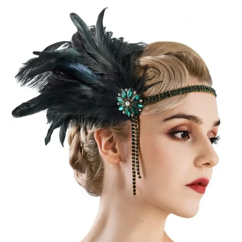 QQ 1920s Gatsby Party Rhinestone Beaded HairBand Charleston Headpiece Flapper Feather Headband Crystal Crown Festival Carnival