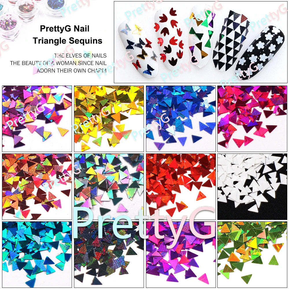 PrettyG 1 Set 12Color Box 3mm Triangle Sequins Glitter Shape Holographic Mixes Color Glitter For Resin DIY Nail Art Decoration