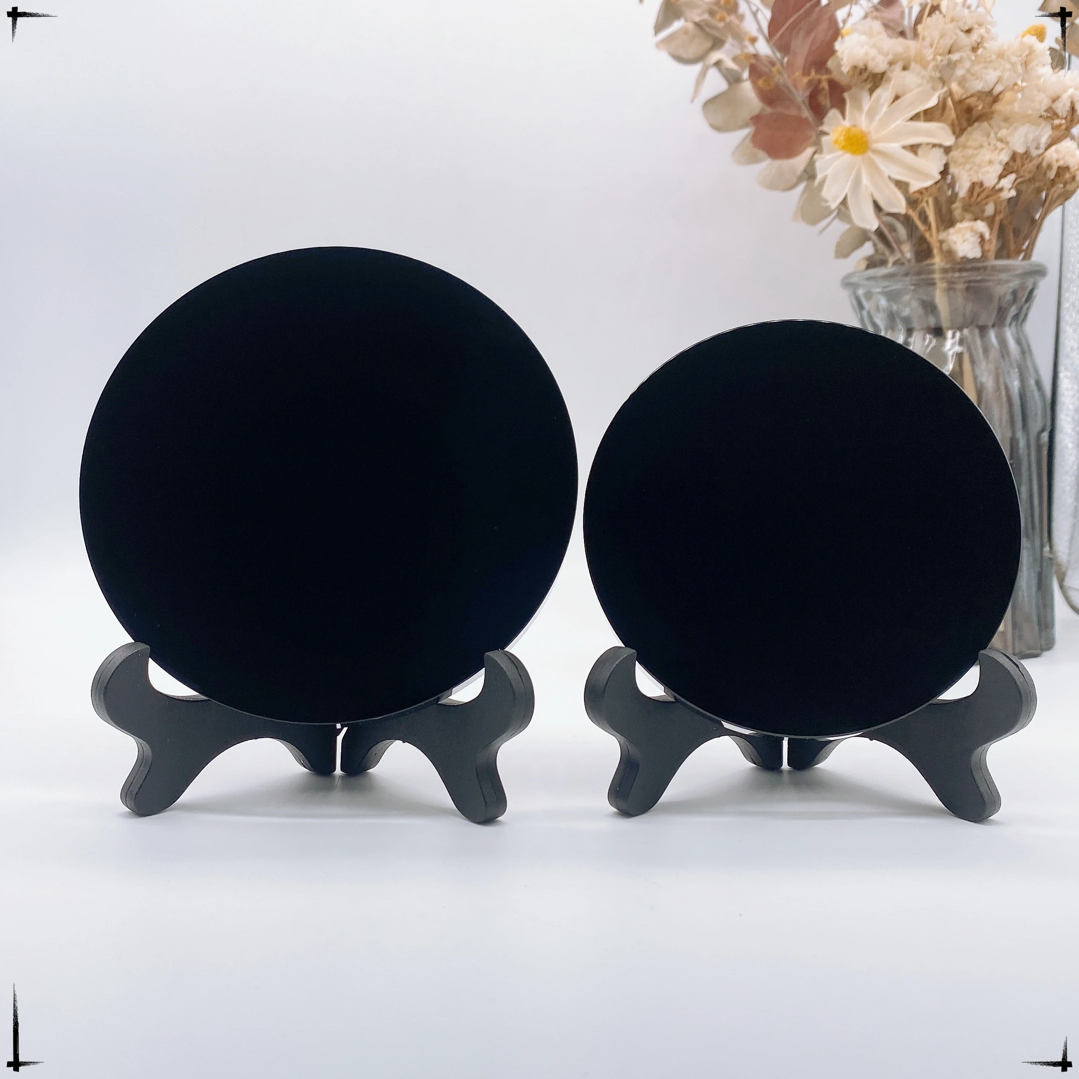 1Set Natural Obsidian Divination Mirror Crystal Stones Polished Round Plate FengShui Witchcraft Crystal Healing Home Room Decor