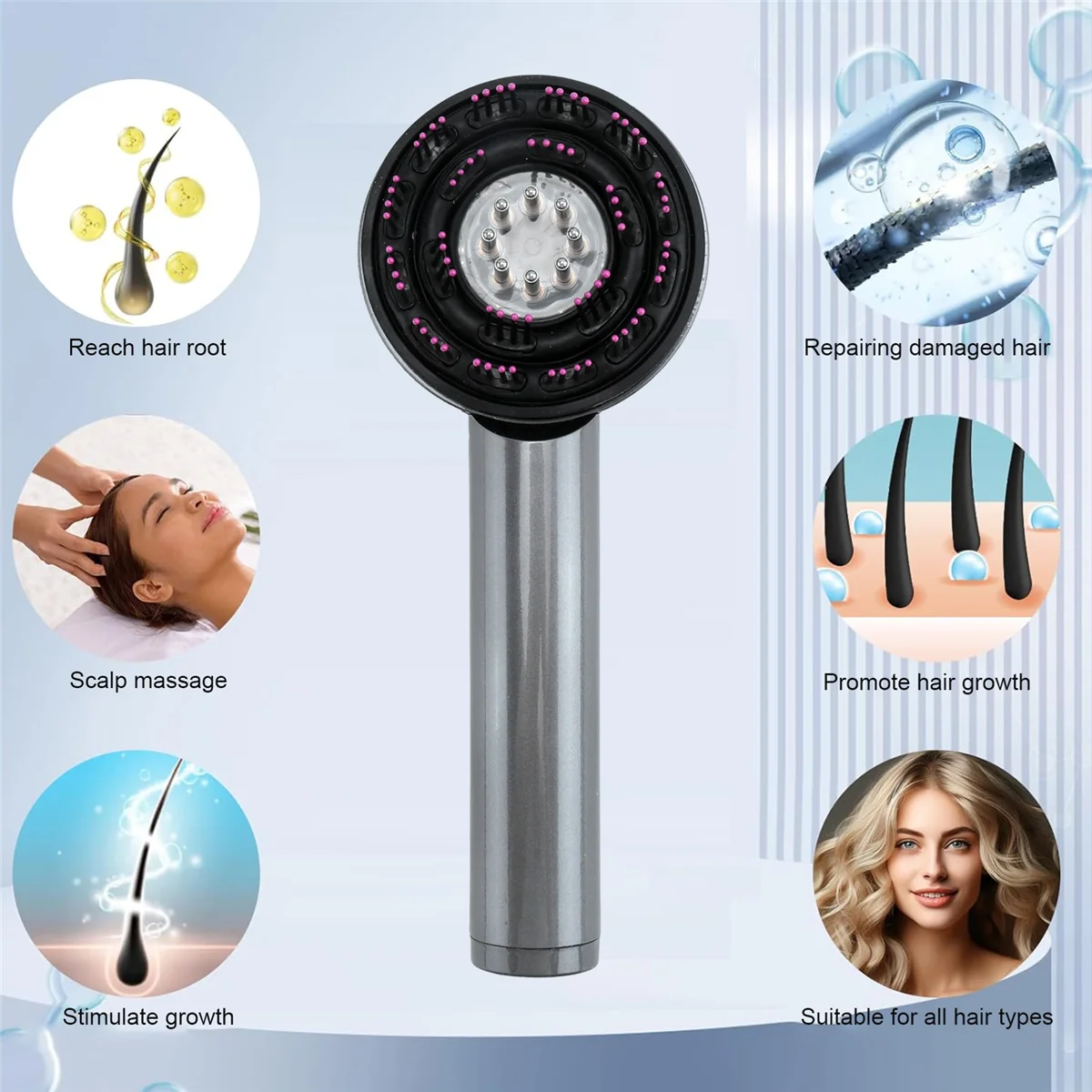 مشط تدليك كهربائي بثلاثة أوضاع، مشط علاج بالأشعة تحت الحمراء، بصيلات الشعر على الرؤوس، أداة توزيع الزيوت العطرية، رمادي