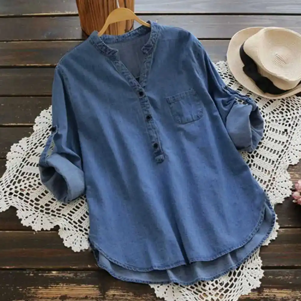 

Women's Color Stand Collar V-Ne Denim irt Cleanfit Sle ort Sve Thin Fabric Blouse for Spring Season