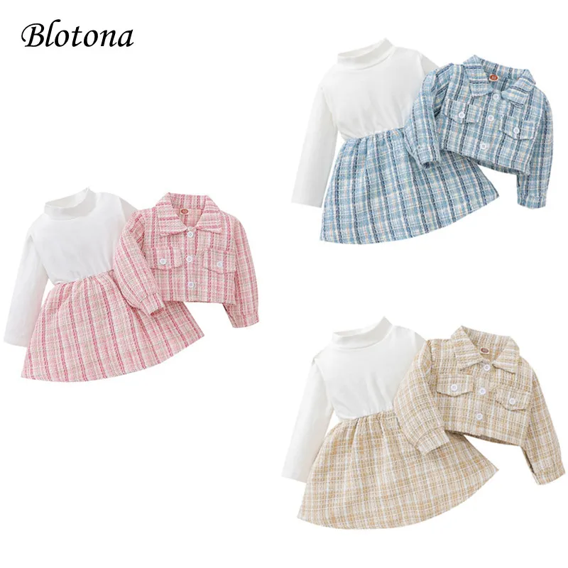 Blotona Baby Girl Party Elegant 2Pcs Outfits, Plaid Long Sleeve Buttons Outwear + Patchwork Mock Neck Dress Set, 3-24Months