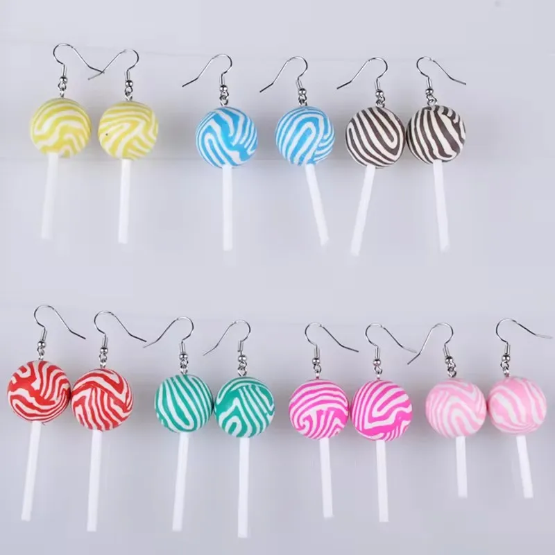 Diy Cute Soft Ceramic Candy Chocolate Stripe Lollipop Earrings, Interesting Mini Simulated Food Girl Resin Earrings Jewelry Gift