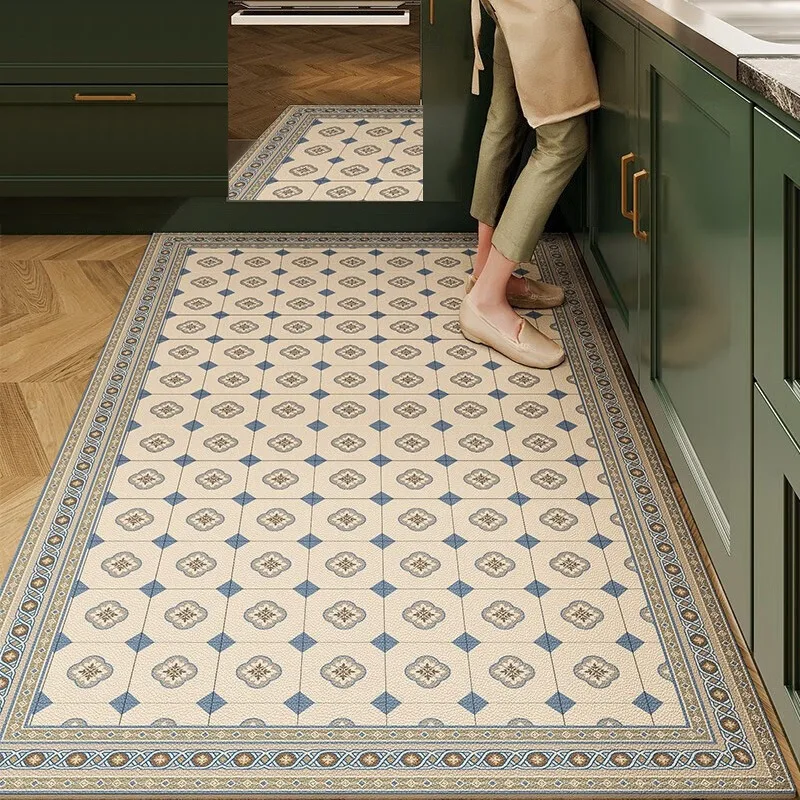 Kitchen Carpet Pvc Waterproof Non-slip Floor Mat Retro American Style Home Decoration Rug Plaid Plant Flower Anti-oil Carpets