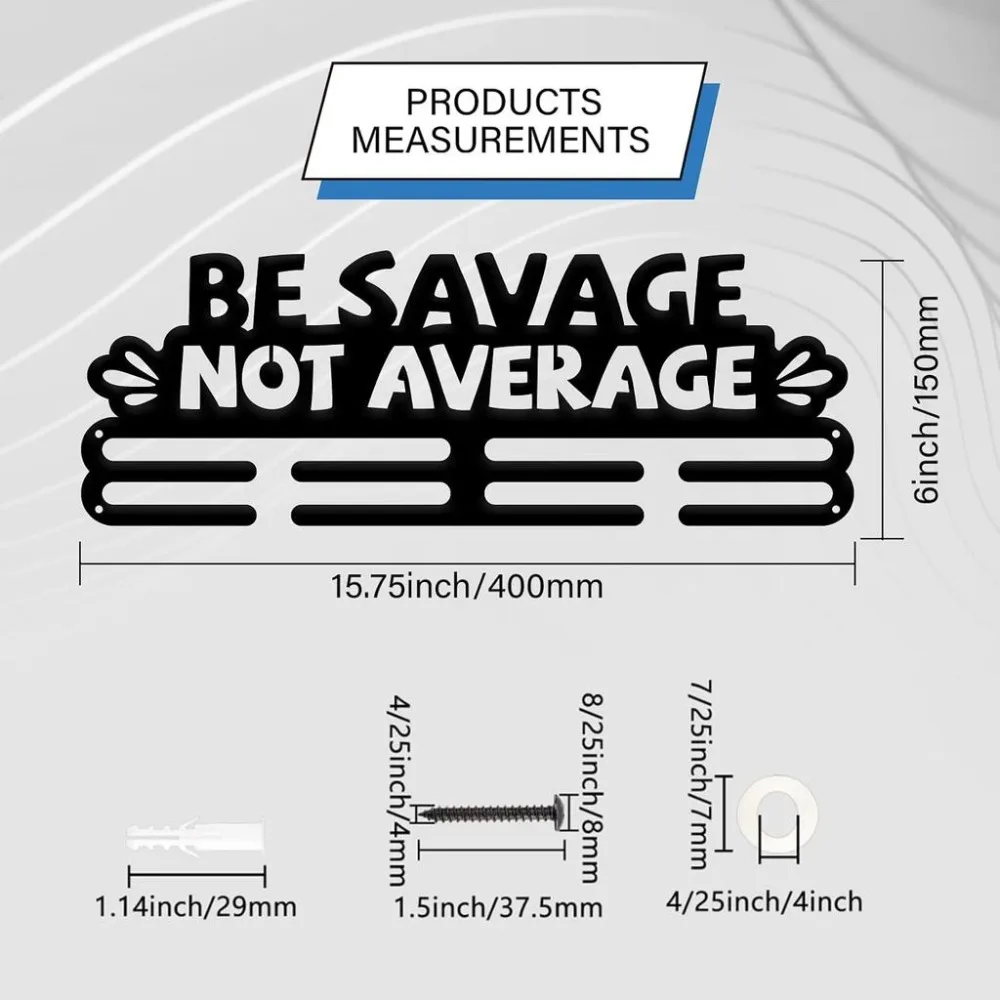 Medal Hanger Holder Be Savage Not Average Medal Display Rack Hanger Awards Ribbon Cheer Tiered Sport Award Rack Wall 15.75 Inch