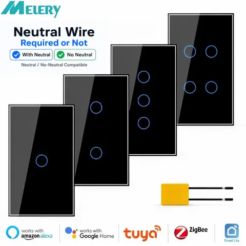 Melery Smart Zigbee Wall Light Switch Lamps Interruptor Glass Touch Panel 2/3 Way Wireless Remote Control Tuya Alexa Google Home