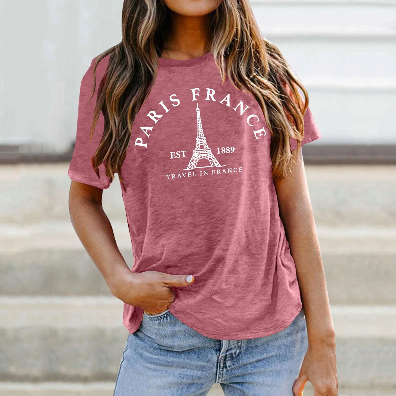 Francja Wieża Jednokolorowa Koszula Podróż W Francji Wszechstronne Minimalistyczne Topy Casual Fashion Vintage T-Shirt