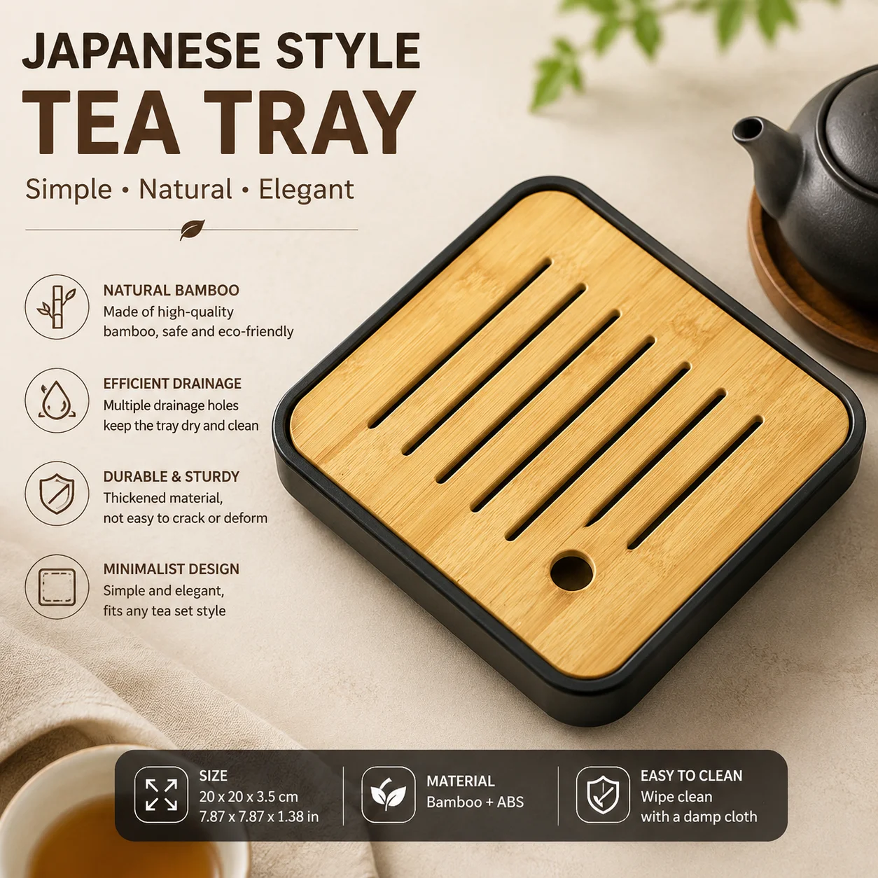 Miniature Bamboo Style Tea Tray, Melamine Water Storage Gongfu Tea Table Japanese Compact