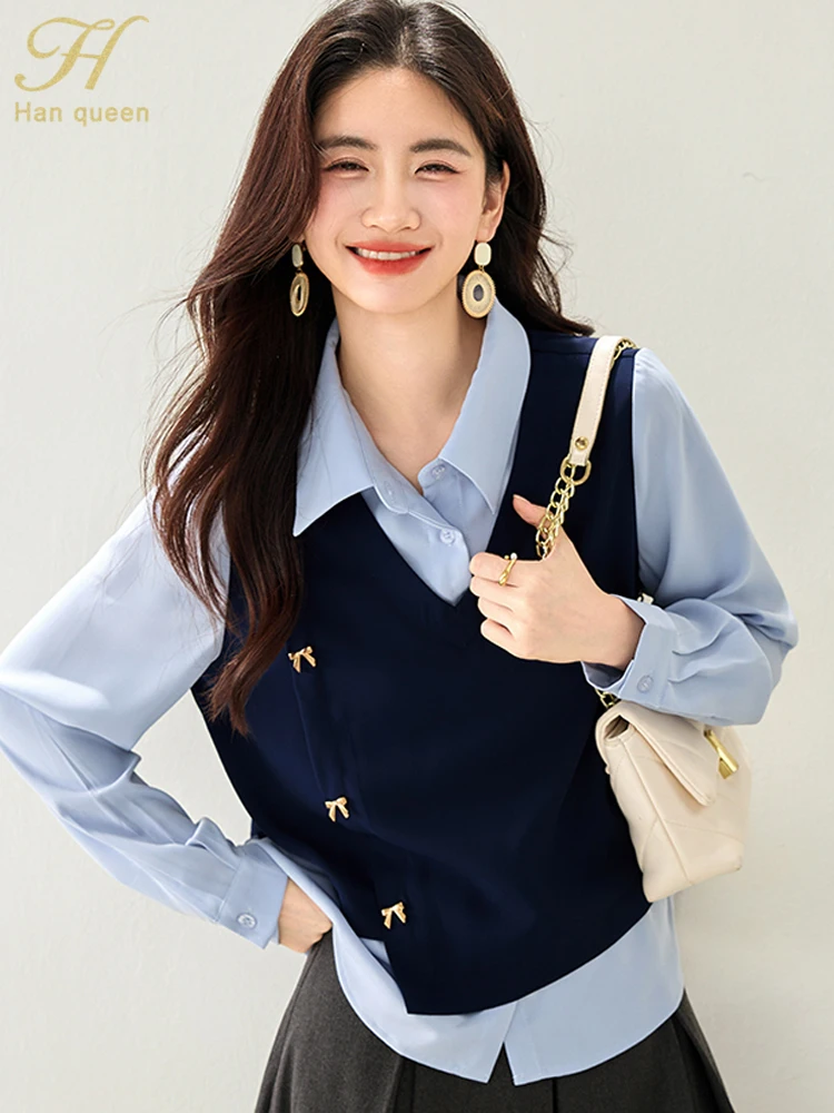 

H Han Queen 2025 Autumn Chic Fashion Splicing Blouses Korean Work Casual Tops Simple Long Sleeve Loose Vintage Women's Shirts