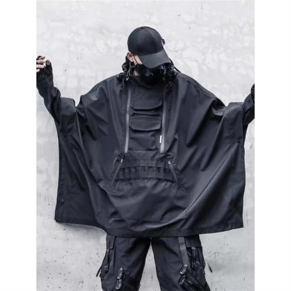 Tactical Techwear Cloak Jackets Hooded Coats Black 2025 Spring Function Wizard Trench Windbreaker Loose Punk Outwear Jackets Men