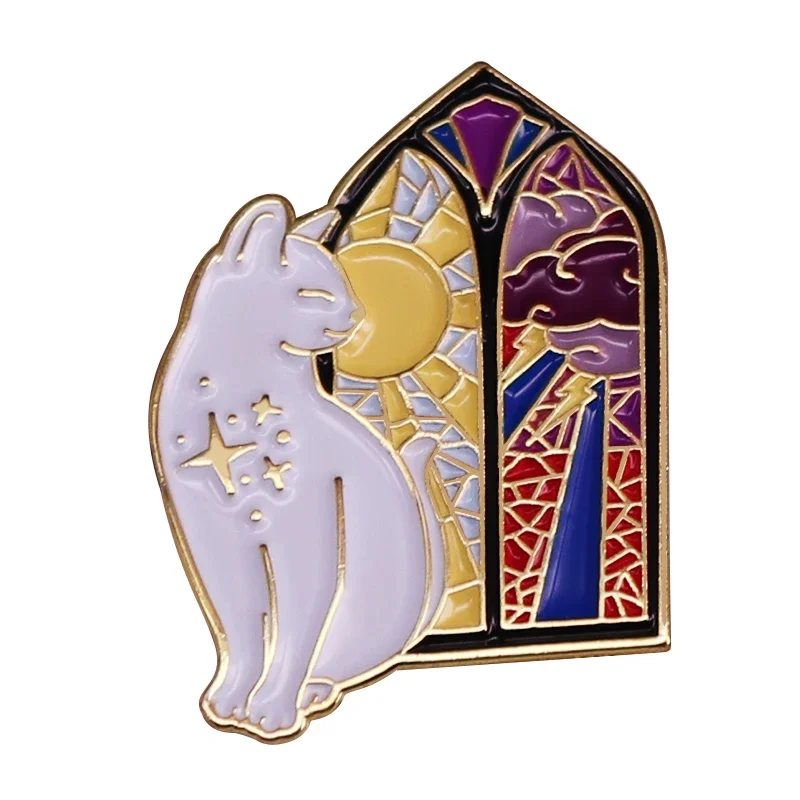 Retro Stained Glass Window Sun and Dark Clouds Lightning Cat Enamel Pin Brooch Badge