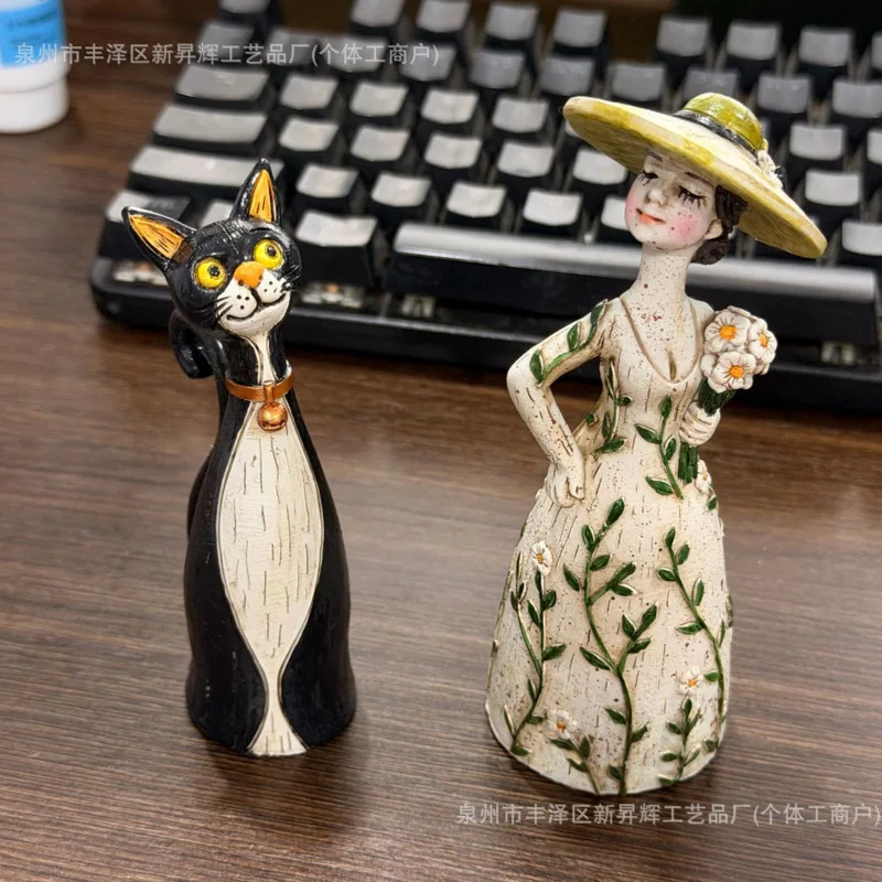 Vintage Resin Cat Lady Figurine, Set American Retro Black White, Kitty Woman Statue Home Office, Desktop Shelf Decoration Gift