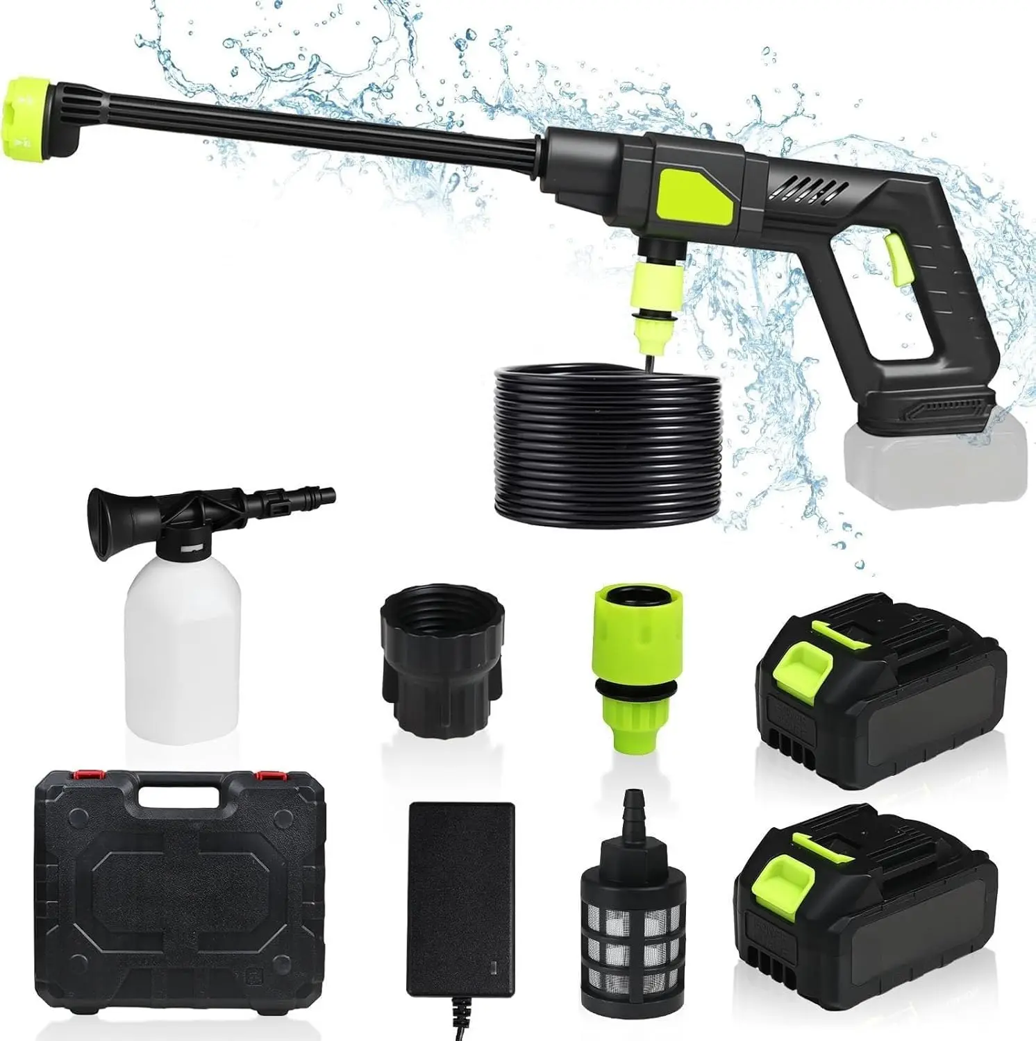 

Portable Cordless Pressure Washer 700 PSI, 15000mAh*2 Battery, 6-in-1 Nozzle for Car, Garden, Floor Cleaning (Black)