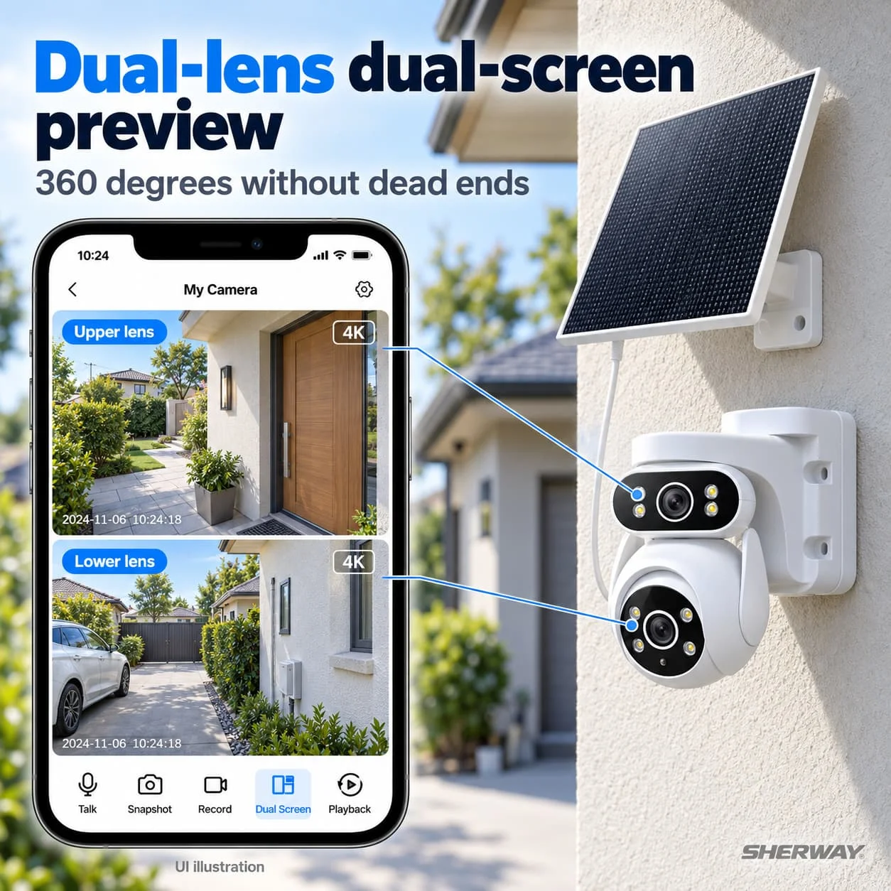 4K Solar WiFi Camera Outdoor 8MP Dual Lens Dual Screen 360° PTZ Camera Wireless Low Power Battery Security Cam PIR Auto Tracking