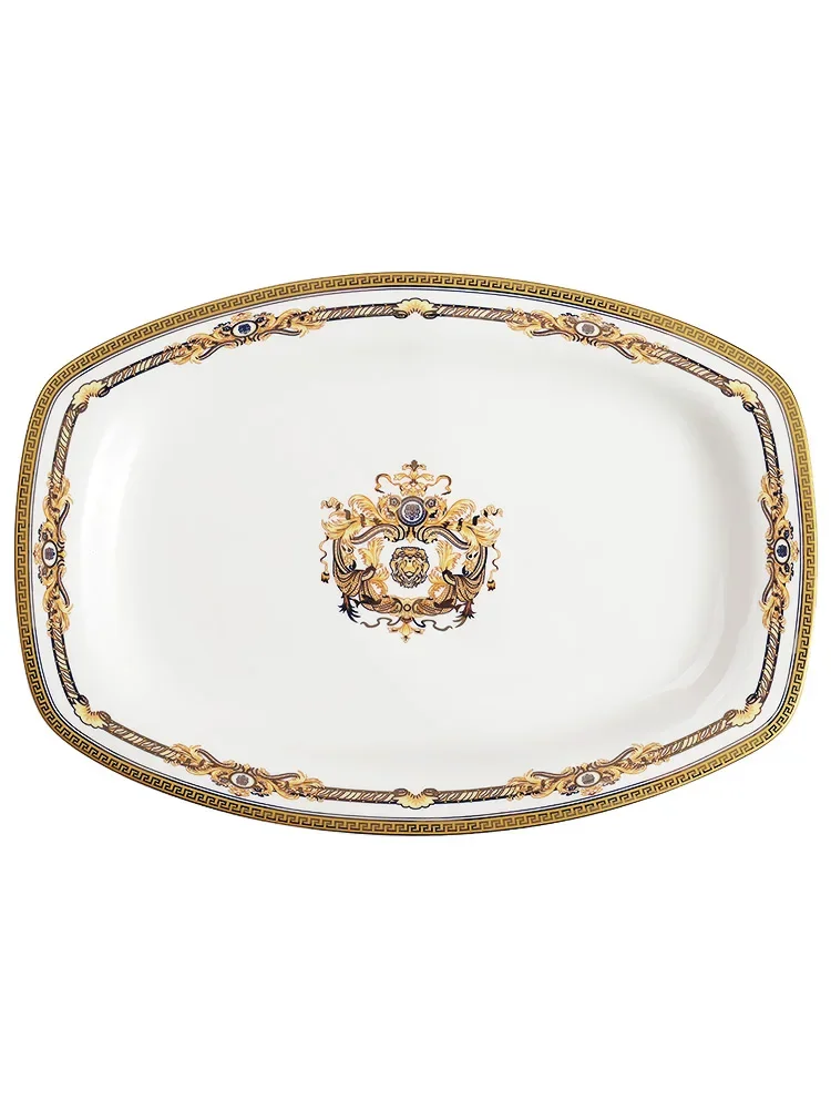 

Steamed Fish Plate Fish Dish Pieces European Golden Rim Bone China Tableware Large Fish Dish Ceramic Put Fish Rectangular Plate