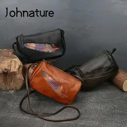 Johnature Retro Women Summer Smalll Bag 2024 New Nature Cow Leather Shoulder Bags Leisure Solid Color Female Messenger Bag