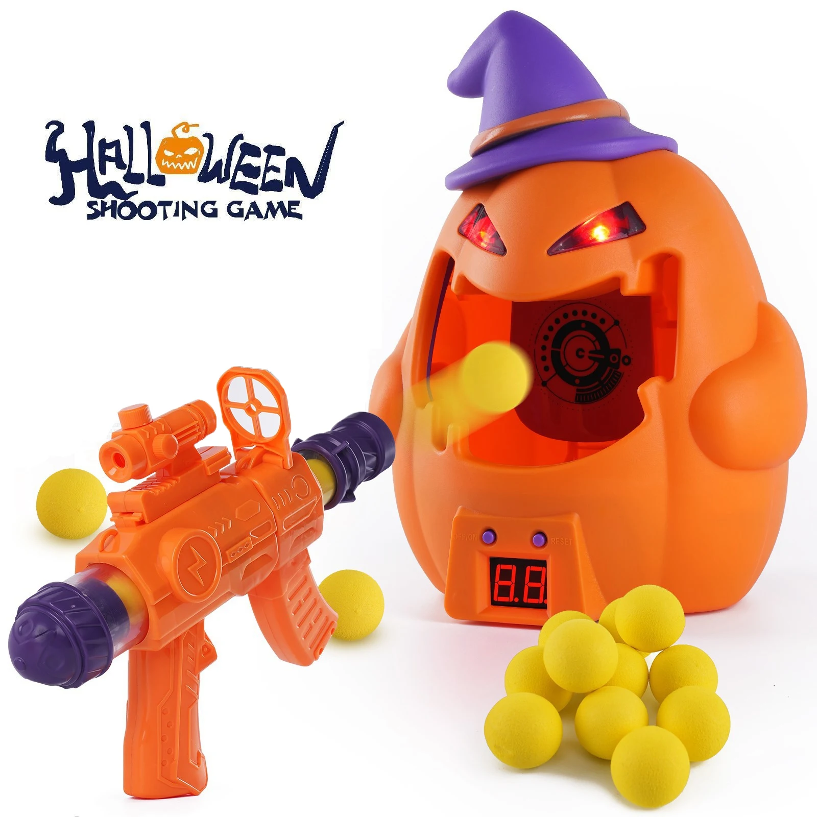 Kids Electric Scoring Pumpkin Target with Foam Ball Blaster Shooting Toy Light Sound Indoor Outdoor Party Game Halloween Gift
