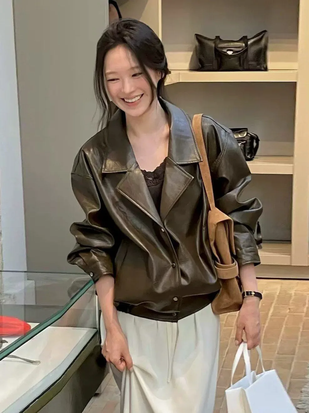 Korean Style Cool Casual Motorcycle PU Leather Jacket Women's Fashion Loose Top Autumn New Arrival Suit Collar Outerwear