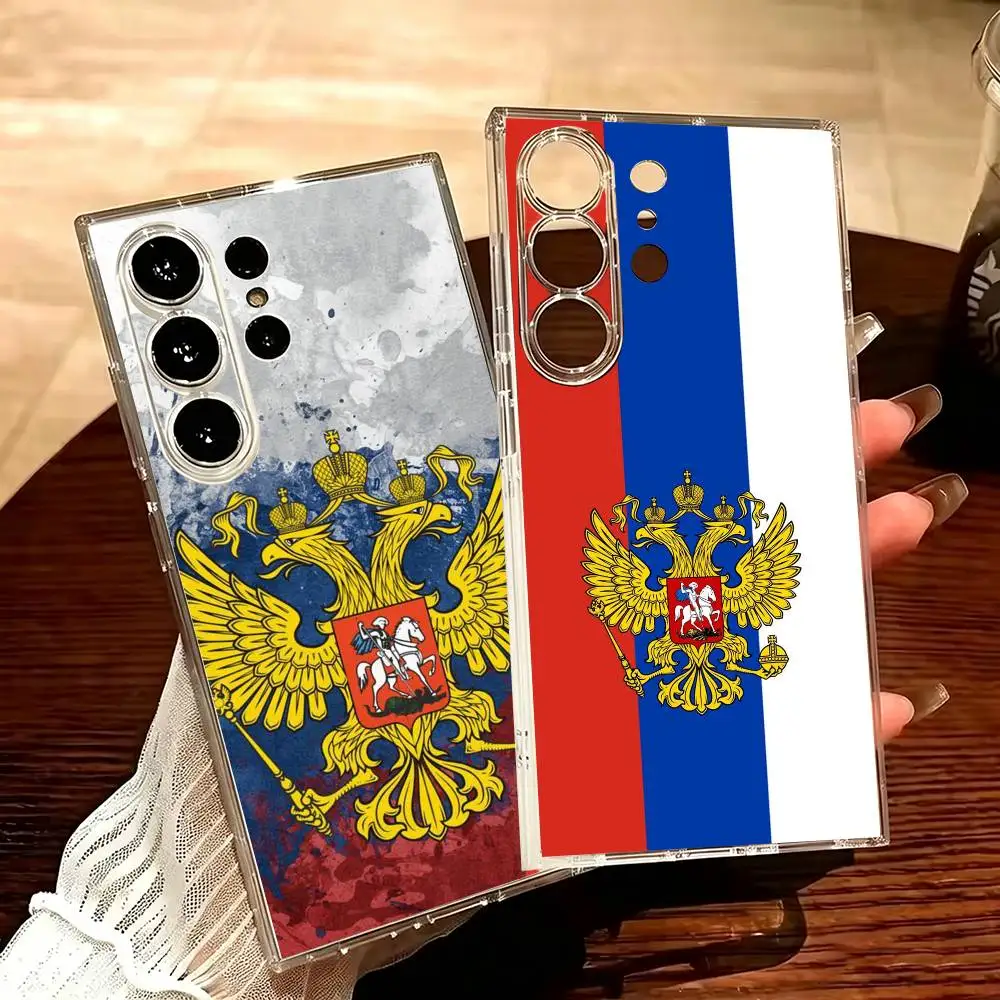 Russia Flag National E-Emblem  Clear Hard Phone Case For Samsung S25,24,23,22,30,21,10,9,Ultra,Plus Transparent Cover
