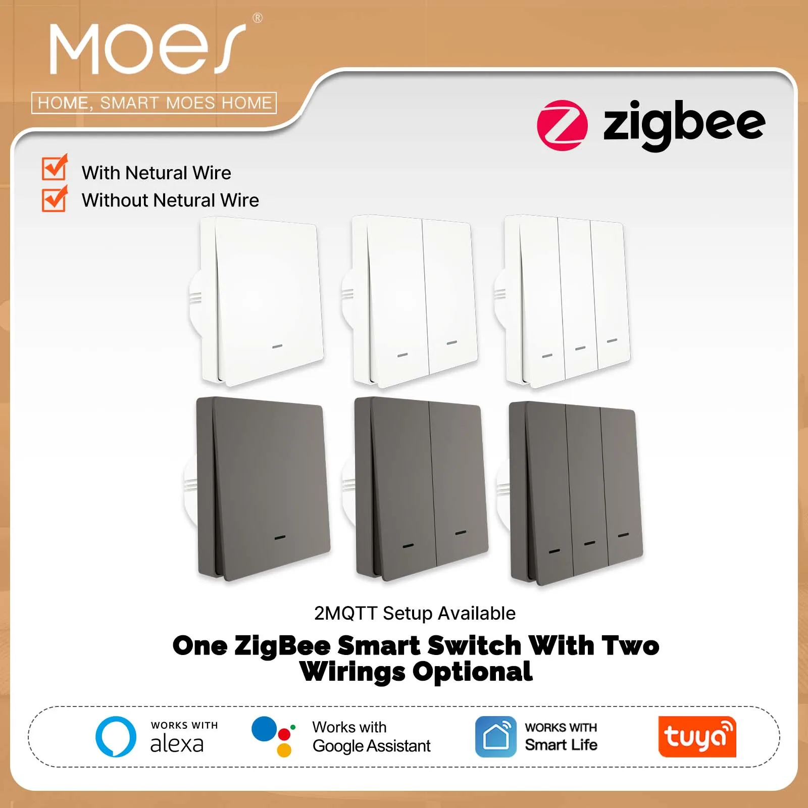 

MOES Tuya ZigBee Smart Light Switch No Neutral Wire No Capacitor Needed Smart Life 2/3 Way Works with Alexa Google Home 2mqtt
