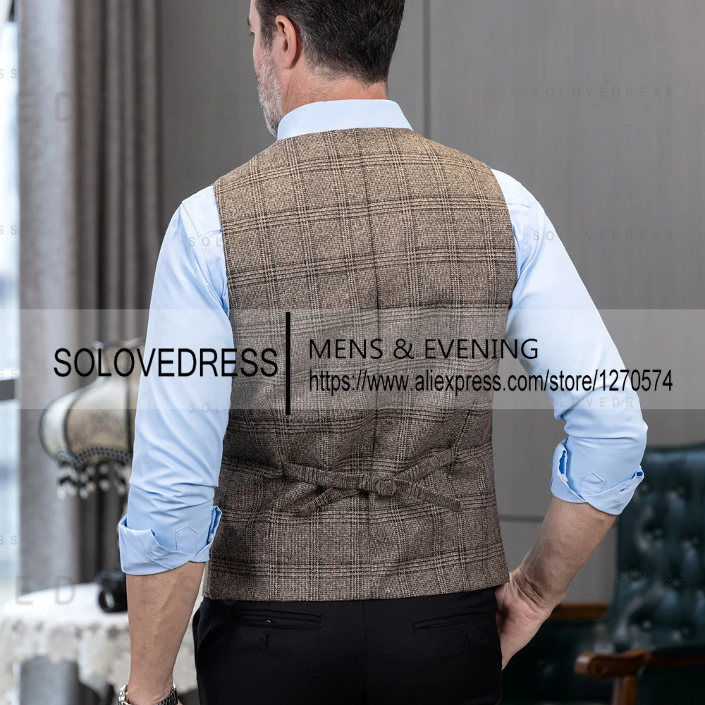 New Plaid Suit Vest For Men Wool Tweed Casual Waistcoat Formal Business Vest For Groomsmen ForWedding