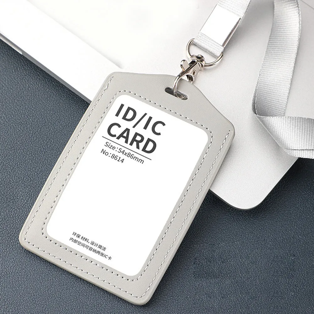 

High Quality Genuine Leather Work Card Holder With Neck Lanyard Solid Color ID Card Cover Chest Cards Cases Business