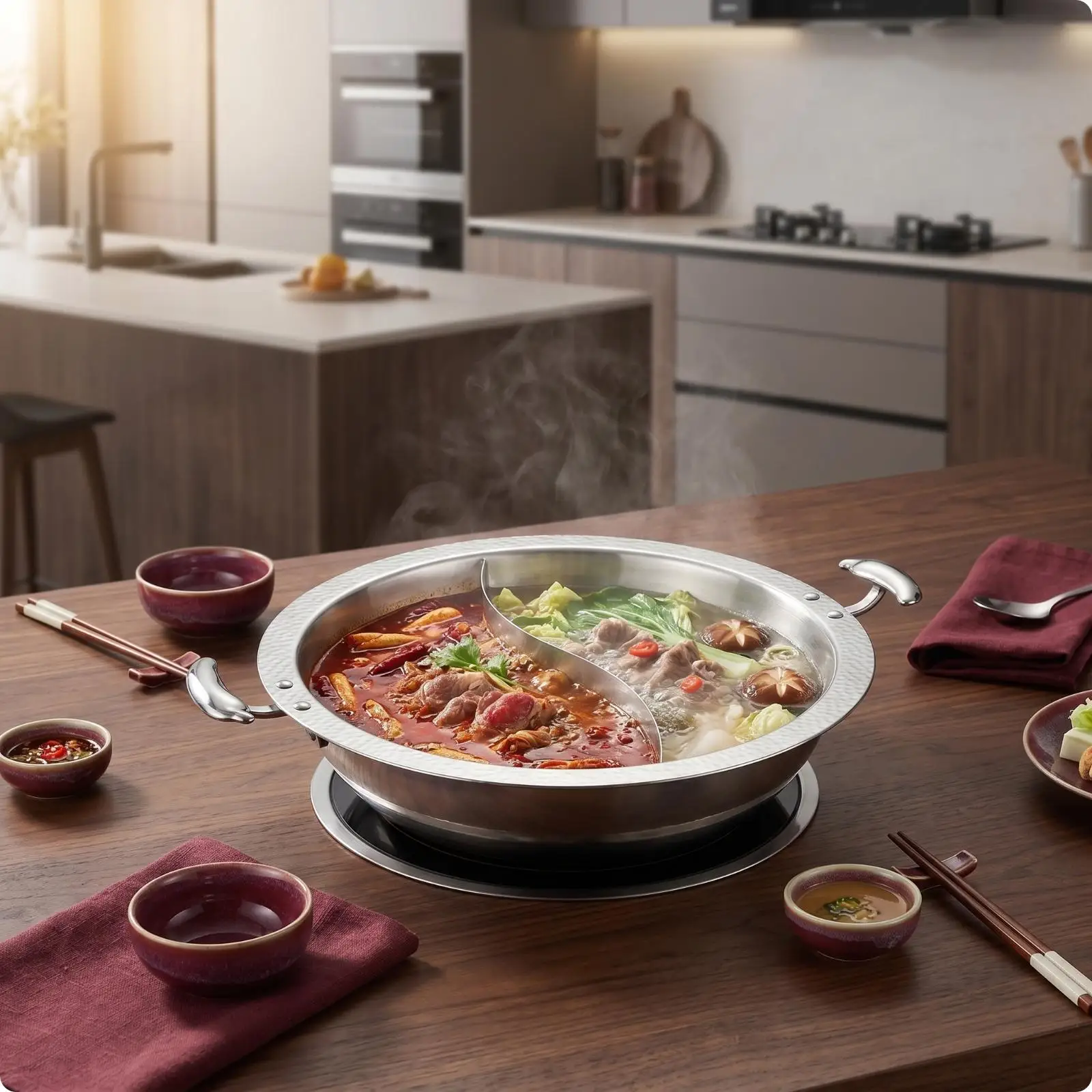 Dual Compartment Cookware Split Broth Hot Pot Stainless Steel Two Flavor Pan Thick Base for Induction Gas with Side Handle
