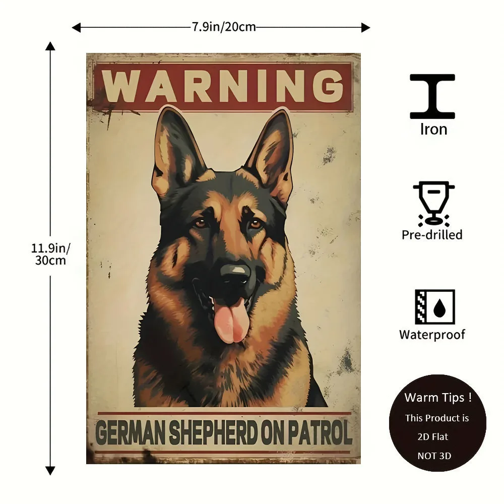 Vintage Guard Dog Metal Sign, German Shepherd Warning Plaque 12x8 Inch for Yard Entry, Garage & Bar Decor