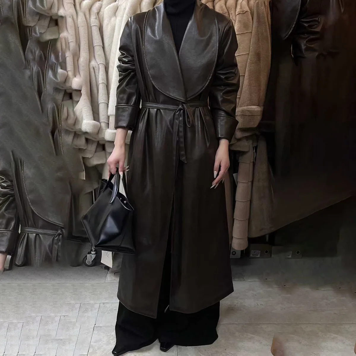 BJTZ, solapa con muescas, cinturón en la cintura, abrigo de cuero PU, gabardina gruesa de invierno para mujer, prendas de vestir exteriores elegantes y cálidas para otoño