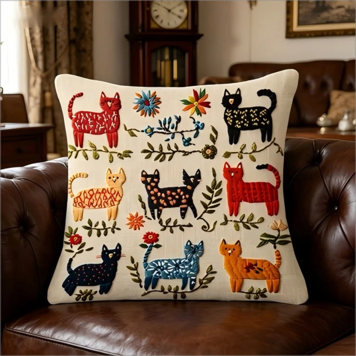 Cute Cat Throw Pillow Cover, Folk Art Style Multicolor Cats & Flowers Decorative Pillow Case