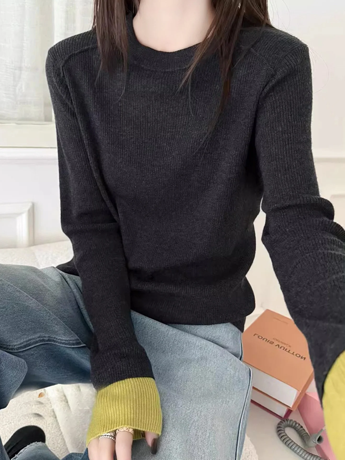 

Winter Women's Slim Fit Long Sve round Ne Knitted Sweater Color Blo Design Soft Korean Sle Commute Faion Top