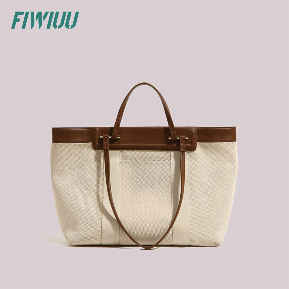 

FIWIUU Women Handbags Canvas Shoulder Bags Large Capacity Shopper Simple Tote Bag Patchwork OL Style