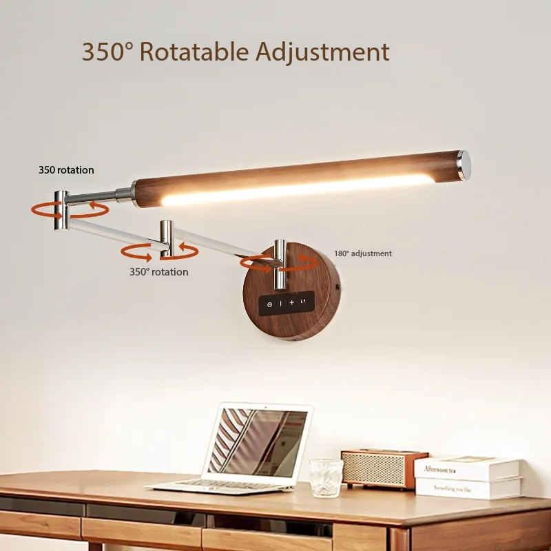 

Walnut Wood Grain Swing Arm Wall Lamp French Retro Home Lighting Fixture for Bedroom Bedside Study