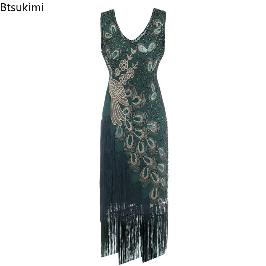 1920s Women's Vintage Peacock Sequined V-Neck Sleeveless Dresses Tassel Peacock Beaded Fashionable Cocktail Party Evening Gown