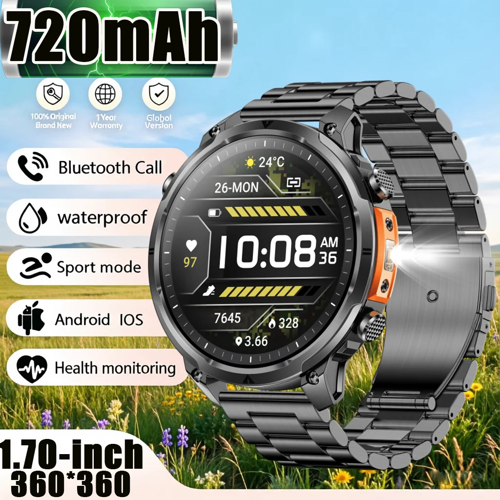 

2026NEW Smartwatch 1.70''HD screen LED Flashlight 100Sports Modes GPS Waterproof Bluetooth call Health monitoring 720mAh battery