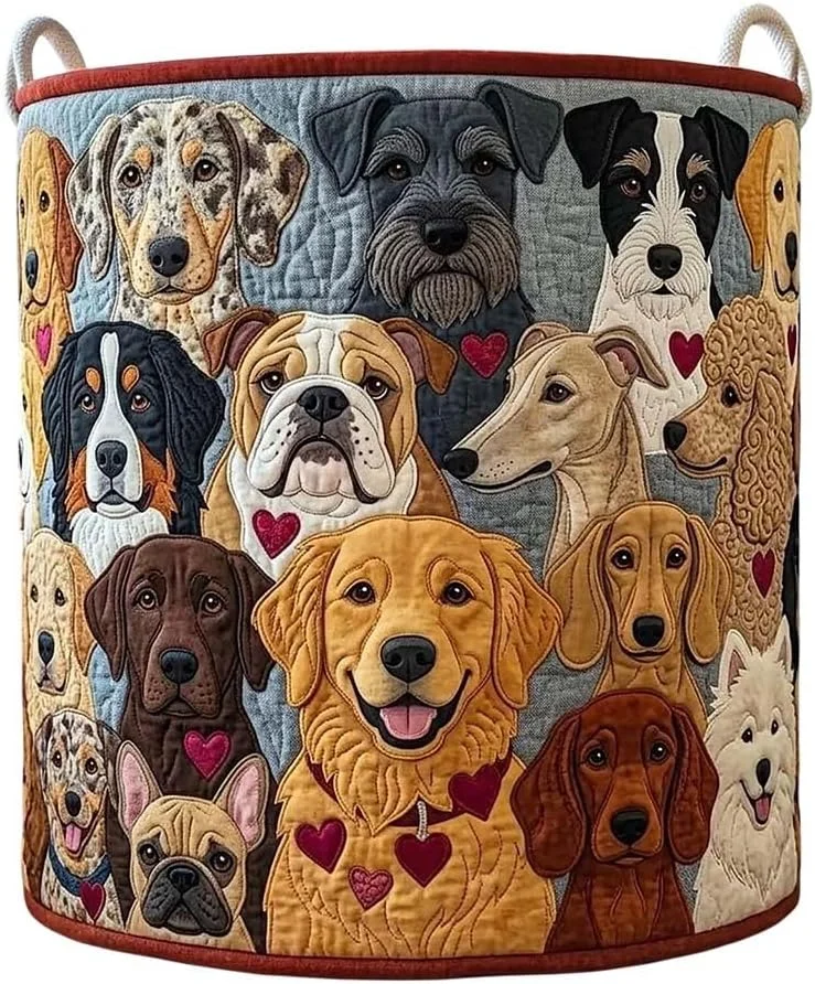 Retro Boho Quilted Storage bag, Multi Dog Breeds Print bag with Handles, Large Capacity Dirty Clothes bag