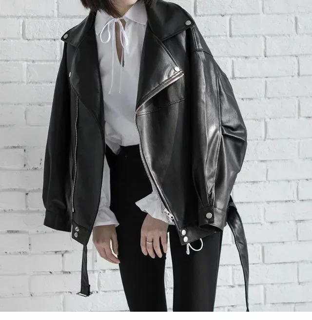 Frauen Lose Pu Leder Jacke Schwarz Weiche Faux Leder Jacke Straße Moto Biker Leder Mantel Jacke Dame Casual Oberbekleidung