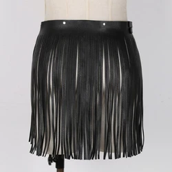 Womens Punk PU Leather Fringed Tassels Skirt Double Buckled Wide Waist Belt Waistband Skirts Party Latin Dance Costume