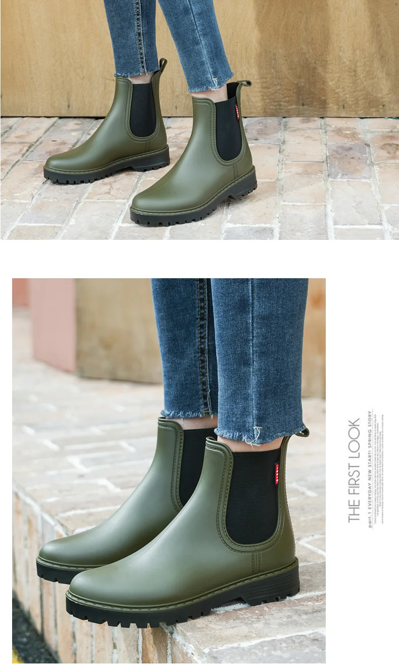 Modische Damen Kurze Rutschfeste Regenstiefel Chelsea Wasserdichte Schuhe Einfarbige Vielseitige Wasserstiefel für Frauen – Detail 14