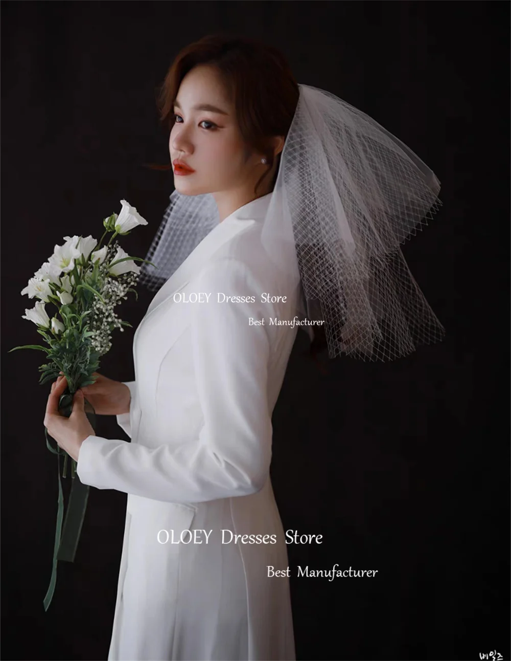 OLOEY Elegant Ivory Straight Wedding Dress Korea Photoshoot V Neck Long Sleeves Floor Length Bridal Gown Custom Formal Party Gow