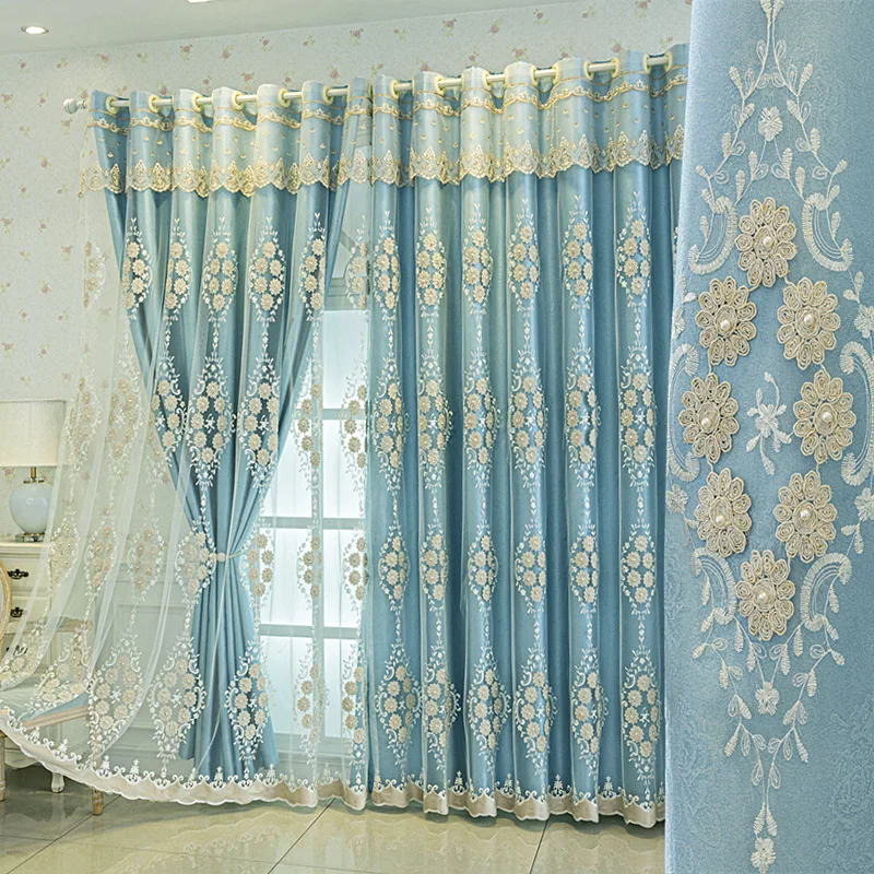 1 Panel 132cm Width European Double Layer Curtain with Valance for Living Room Bedroom Embroidered Luxury Curtain