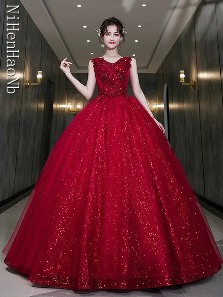 Robe de Quinceanera brillante rouge vin, robe de Rhvintage, col en V, robe de Rhélégante, robe de Rhformelle, robe personnalisée