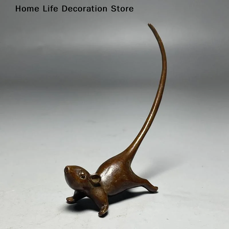 Long Tail Mouse Miniature Figurine Chinese Style Tea Pet Vintage Pure Copper Rat Ornament Desk Craft Home Decoration Accessories