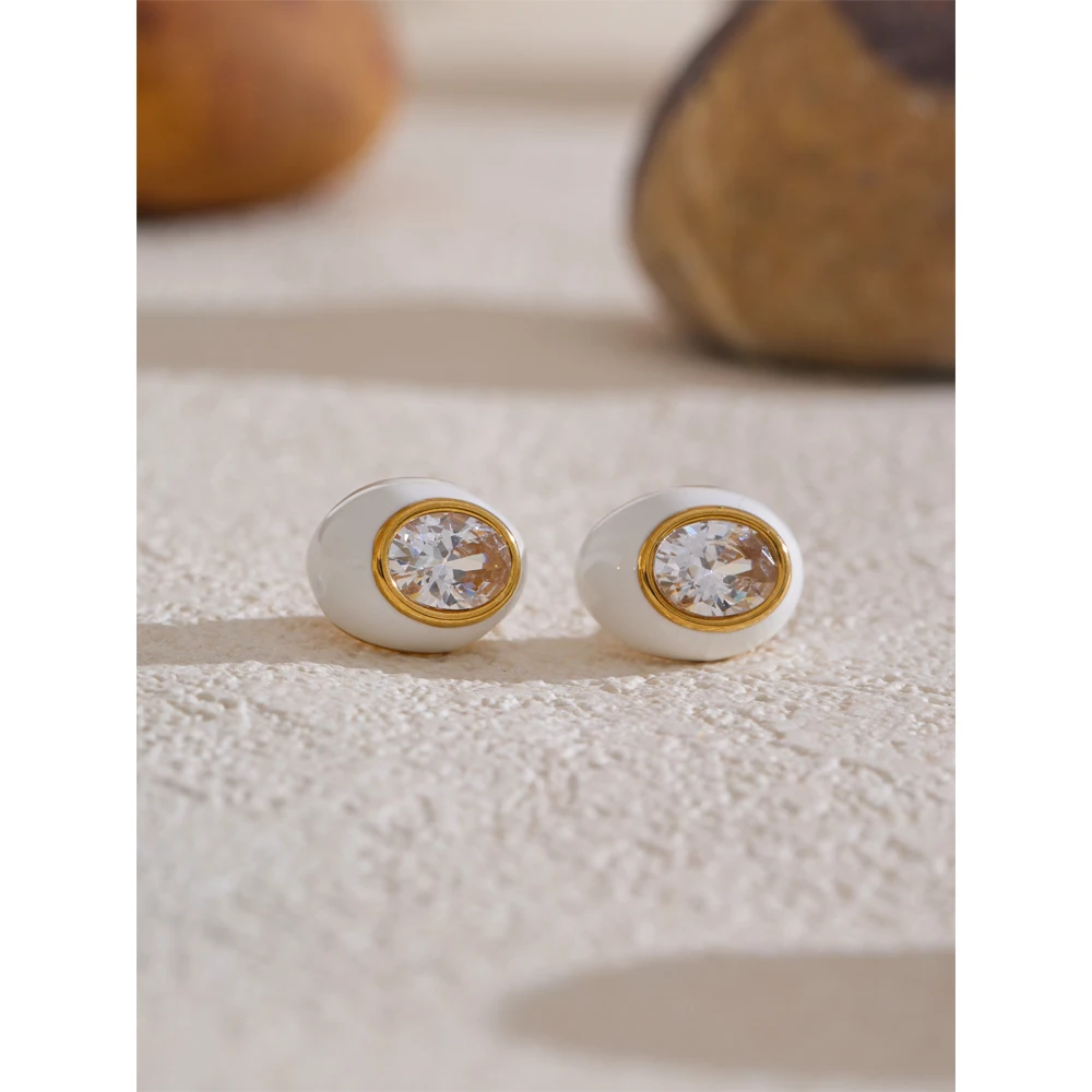 Yhpup Exquisite Shiny Cubic Zirconia White Enamel Oval Stud Earrings for Women Stainless Steel High-Grade Delicate Jewelry Gift