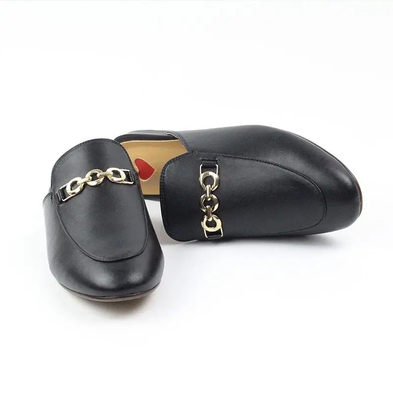 Lenkisen 2024 Genuine Leather Slip On Outside Slippers Oriental Embroider Mules Metal Decoration Streetwear Fashion Women Shoes