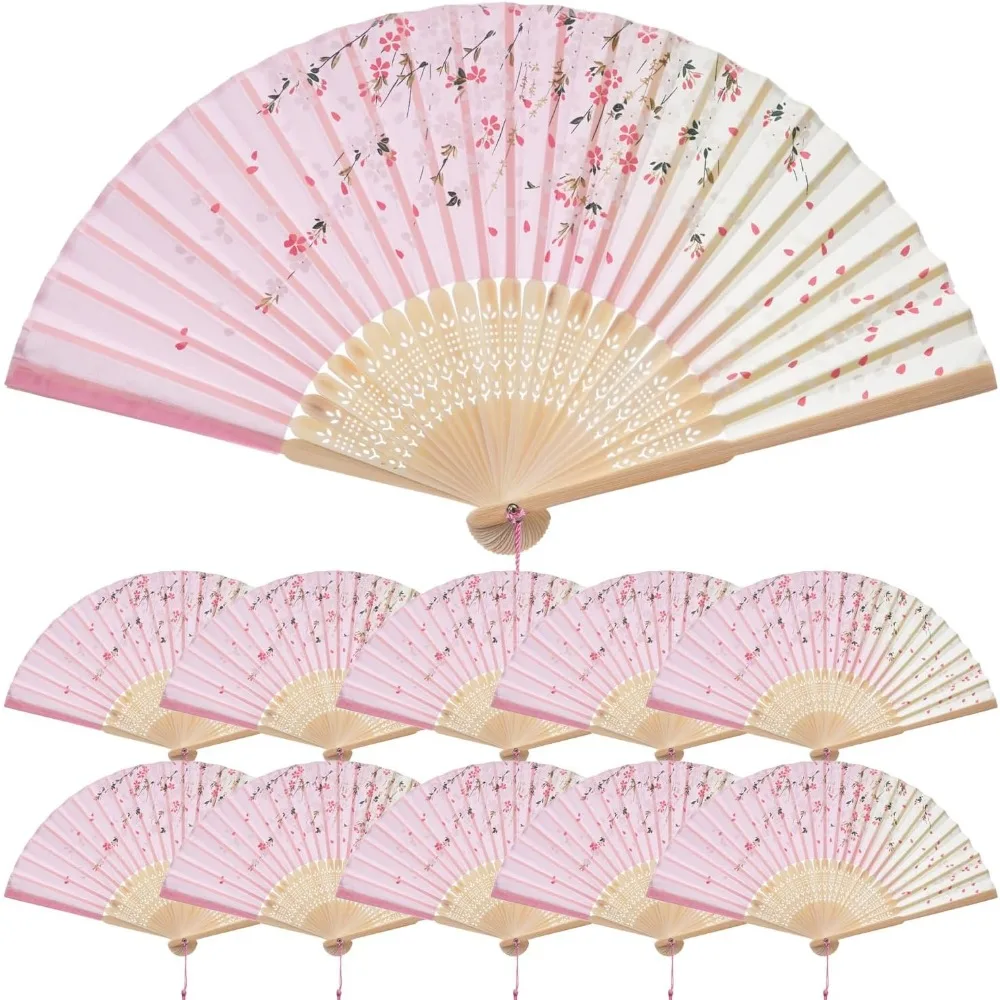

Ten Pink Cherry Blossom Silk Folding Hand Fans for Dance Party Wedding Cosplay